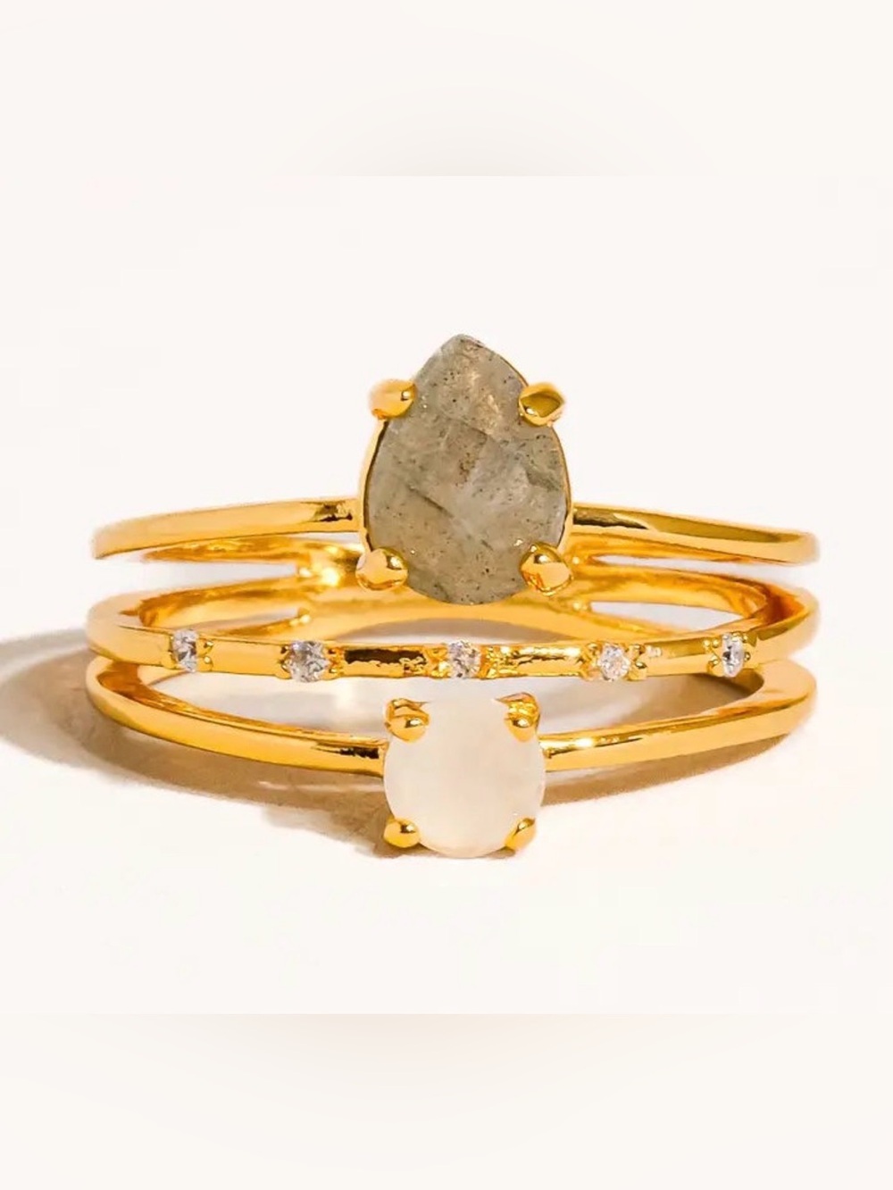 Gold-Plated Triple Stacking Ring Set with Grey Teardrop and White Round Stones